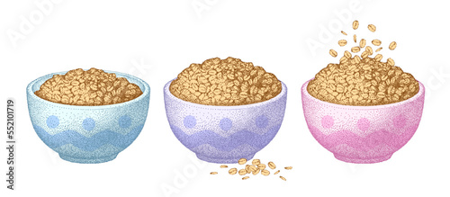 Granola in bowl set. Oatmeal healthy breakfast, oat grain porridge. Cereal food, muesli flakes. Vector sketch. Collection realistic illustrations.