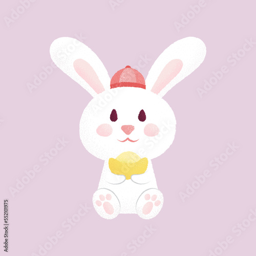 Year of rabbit. Holding gold oriental ingot wish you wealthy. Paint brush texture illustration vector. Asian culture.
