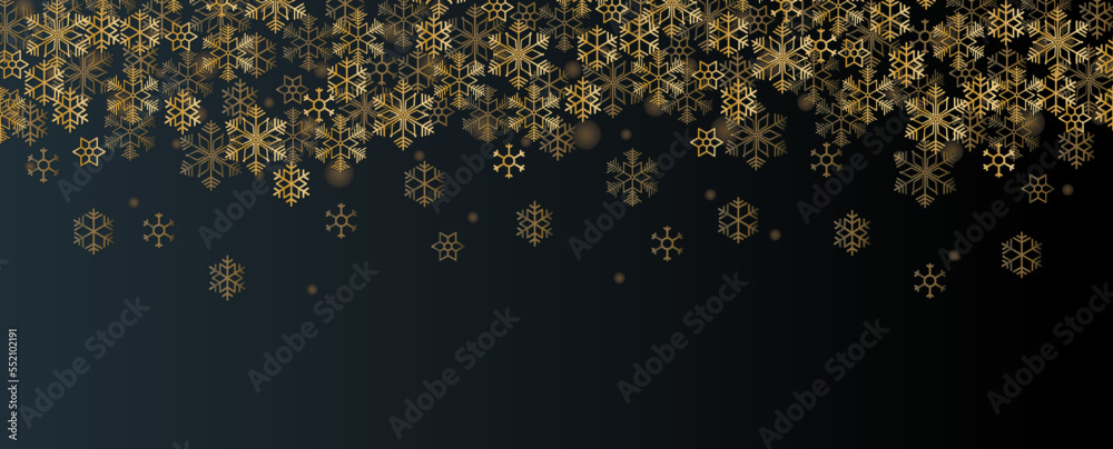 Winter banner with golden snowflakes falling on dark background