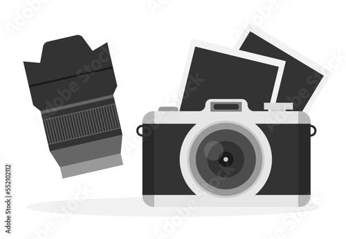 Photocamera and photos icon. Flat vector illustration of photocamera. Isolated on
white background. photo