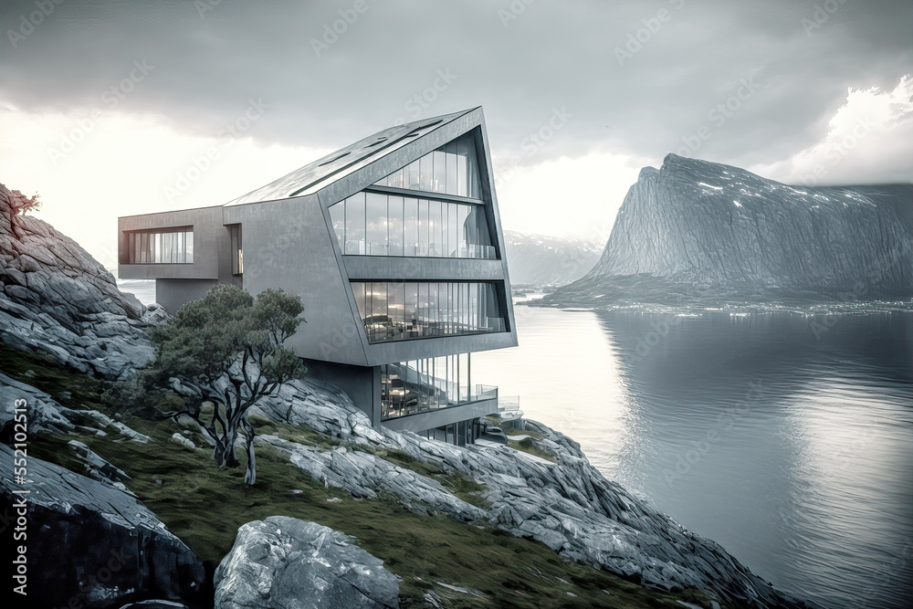 Fototapeta premium Architektur Konzept Brainstorming Skizze moderne Bauform der Zukunft eines Haus oder Bauwerk mit viel Glas Digital Art Hintergrund Backdrop mit Generative AI erstellt