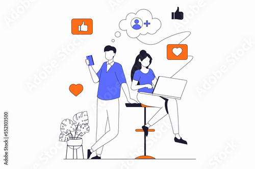 Social network concept with people scene in flat outline design. Man and woman view new posts, put likes and hearts and write comments. Illustration with line character situation for web