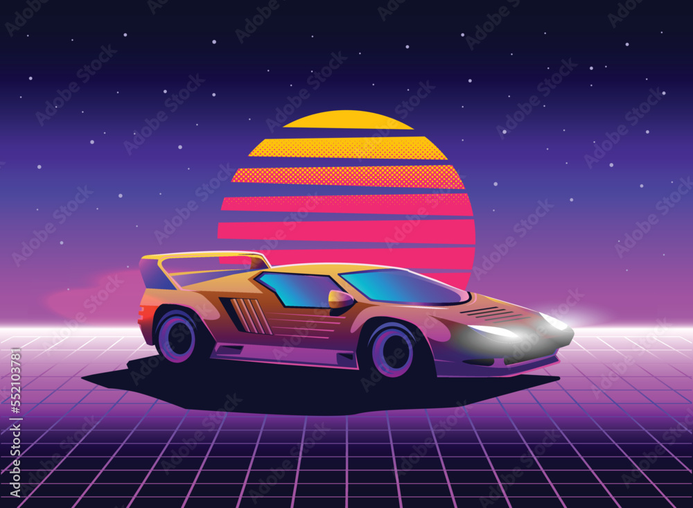 Retro 80s sci-fi futuristic style background with supercar. Vector ...