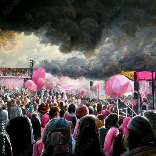music concert, cloudy weather, many spectators, hyperrealism with pink and black shades