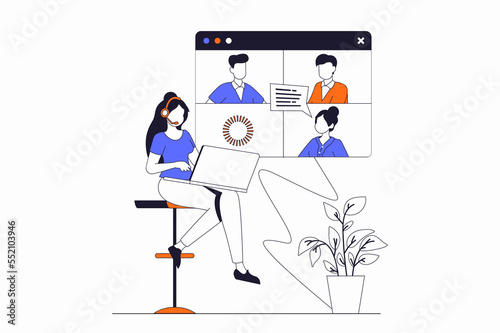 Video conference concept with people scene in flat outline design. Woman and man colleagues communicate online using video call at laptop. Illustration with line character situation for web