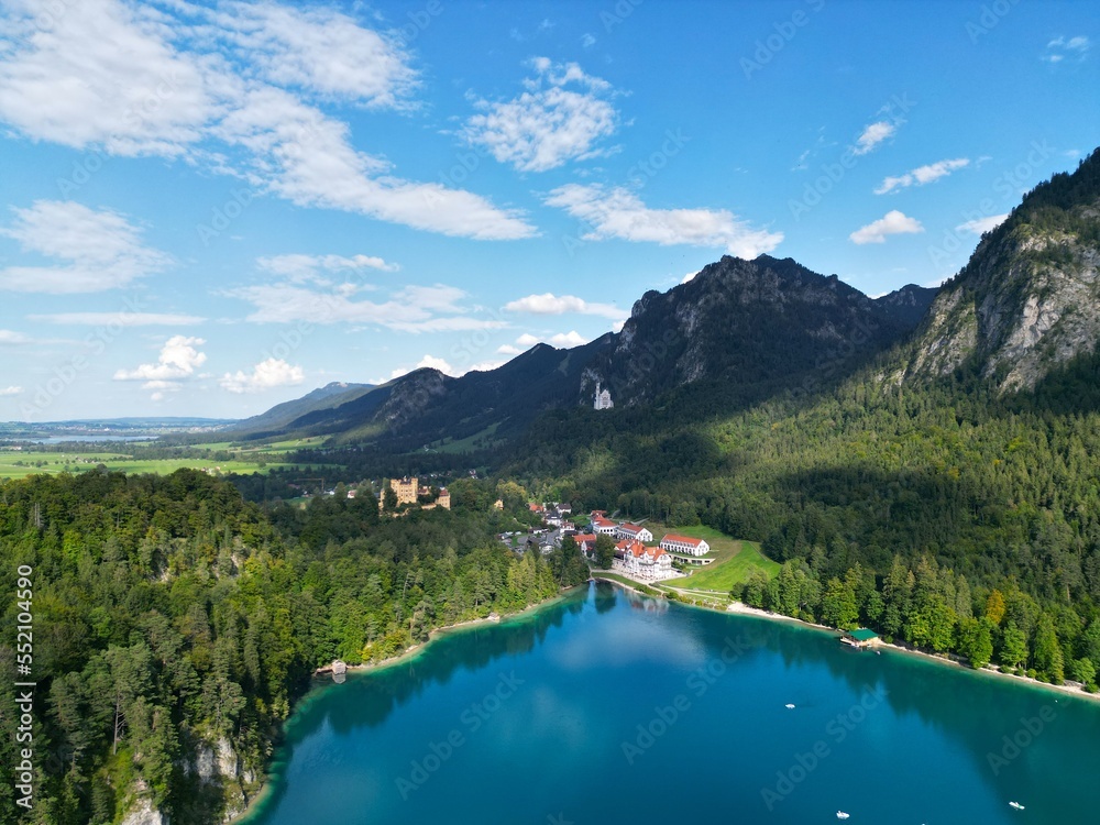 Alpsee Lake in Germany near Fussen drone aerial view .