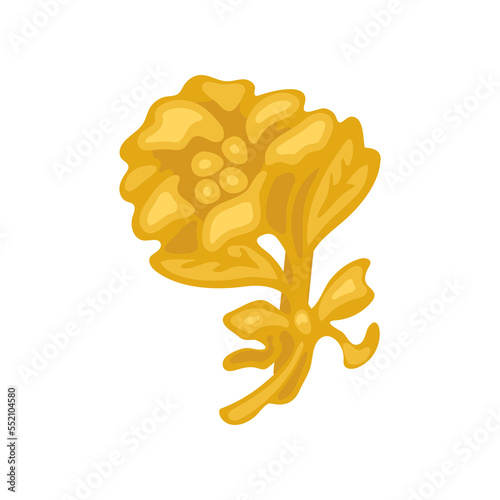 Vintage gold brooch in shape of flower vector illustration. Cartoon drawing of antique or old-fashioned floral accessory for women isolated on white background. Vintage, luxury concept