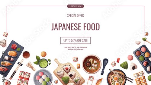 Banner design with Sushi, Miso soup, ramen, onigiri, dango, mochi, matcha tea. Japanese food, healthy eating, cooking, menu concept. Vector illustration. Banner, promo, flyer, advertising.