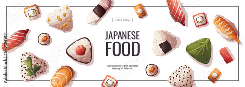 Banner design with Mix of onigiri and variety of Sushi. Japanese food, healthy eating, cooking, menu, nutrition concept. Vector illustration. Banner, promo, flyer, advertising. 