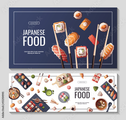 Set of banners with Sushi, Miso soup, ramen, onigiri, dango, mochi, matcha tea. Japanese food, healthy eating, cooking, menu concept. Vector illustration. Banner, promo, flyer, advertising.