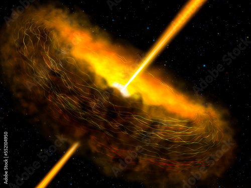 Active supermassive black hole among galaxies in outer space. Digitally enhanced. Elements of this image furnished by NASA.