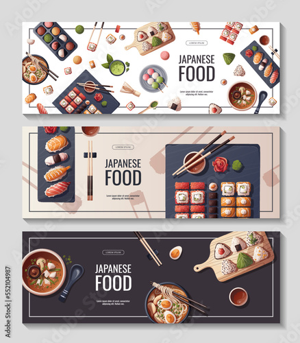 Set of banners with Sushi, Miso soup, ramen, onigiri, dango, mochi, matcha tea. Japanese food, healthy eating, cooking, menu concept. Vector illustration. Banner, promo, flyer, advertising.