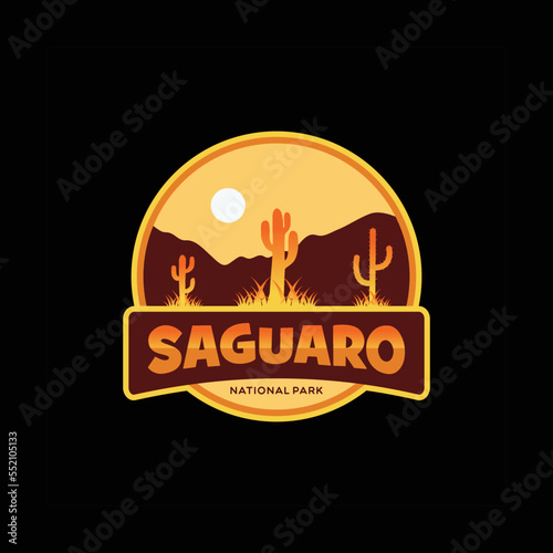 Saguaro National Park Illustration logo suitable for badge , vintage, patch, sticker, logo with mountain and cactus background 1
