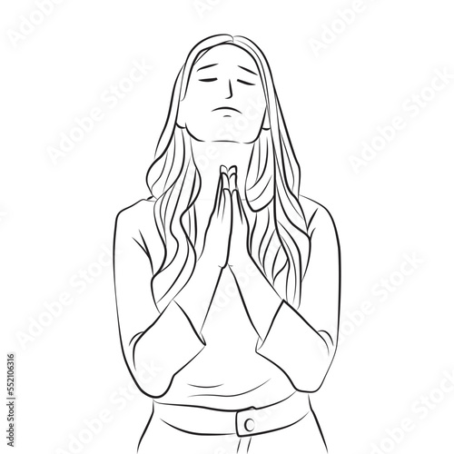 desperate hopeful girl close eyes hold hands pray line cartoon illustration