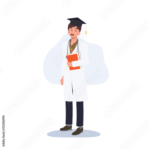 Medical education concept. Doctor wearing academic cap, Fresh graduate doctor. Flat vector cartoon character illustration.