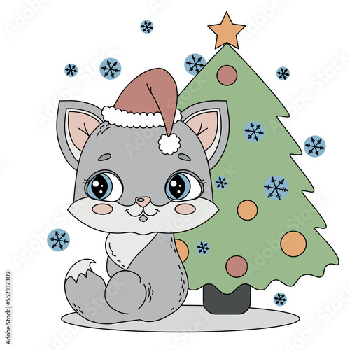 Children's coloring isolated coloring cute Christmas kat sitting by the Christmas tree, around snowflakes. Children's vector illustration for children's room, textile, poster, postcard, coloring book.