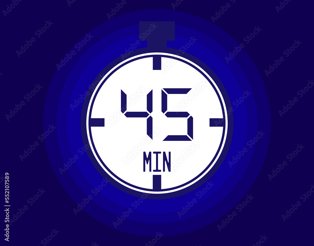 45 minutes stopwatch vector icon. Stopwatch icon in clock style. Timer for schedules and appointments on blue background
