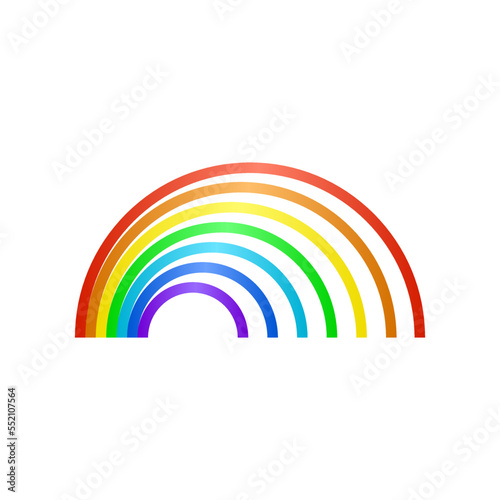 Cute rainbow arc with separate stripes skewed to left sticker. Vector illustration of childish colorful arc. Cartoon shape of rainbow arc in sky isolated on white background. Weather, fairytale