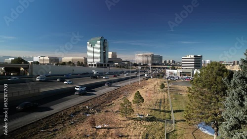 Aerial of I-25 and office buildings through Colorado's Tech Center on sunny winter day photo
