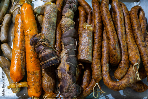 Home made smoked sausage, rolled meat, liver sausage , traditional transylvanian hungarian pork food. 