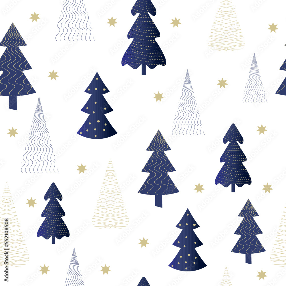 Seamless Christmas pattern, Scandinavian Christmas trees of different shapes and textures. For holiday decor, wrapping material, textiles