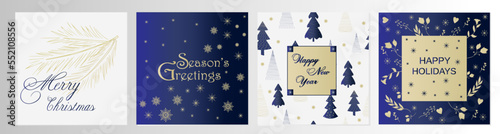 A set of New Year s and Christmas card backgrounds  greetings with elements of festive mood and decor  Christmas trees  deer  branches  nature  inscription. Corporate postcards.