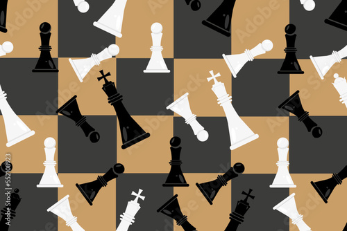 Seamless pattern with chessboard and pieces. Checkered background with a chess queen, king and pawn.
