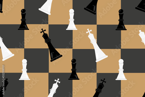 Seamless pattern with chessboard and pieces. Checkered background with a chess queen, king and pawn.