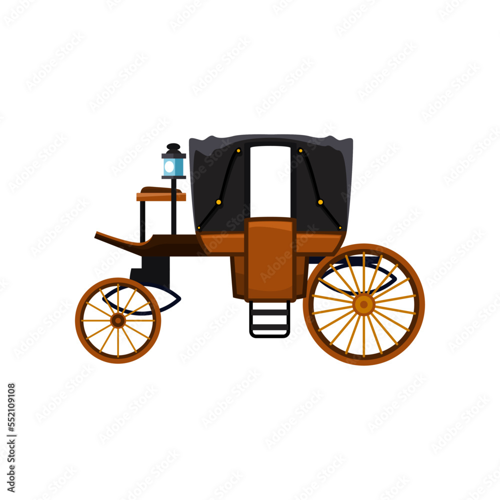 Black and brown retro cart for royals vector illustration. Drawing of vintage carriage for princess, queen or king without horses on white background. Antique, transportation, history concept