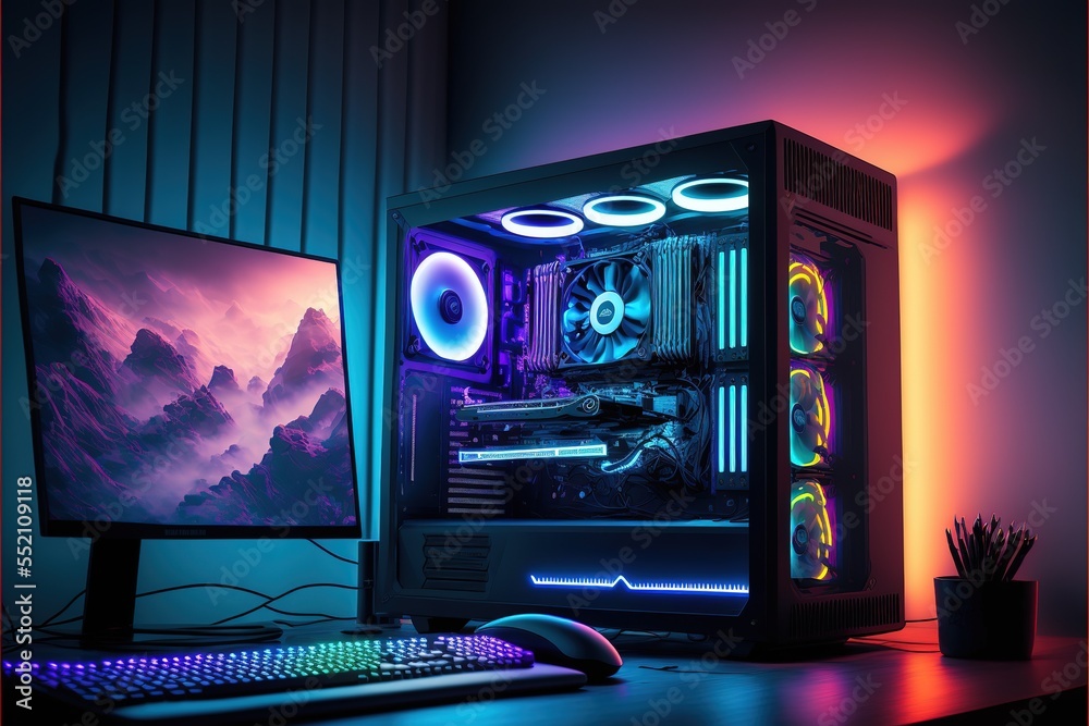 Computer gaming pc on gaming table in dark room with neon purple lights ...