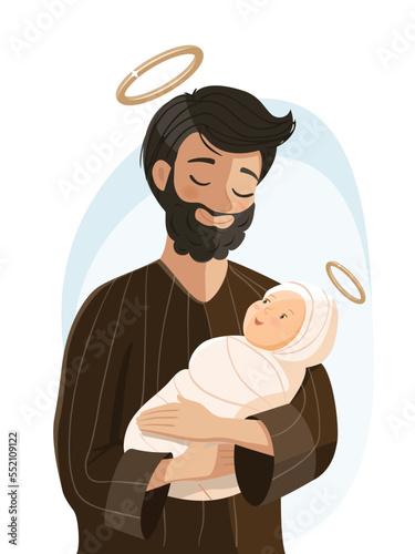 Saint Joseph holds newborn Jesus. Fathers day. Birth of Christ photo