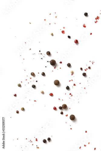 Black and red peppercorns on a white background
