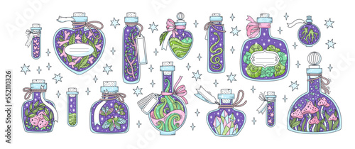 Set of hand drawn bottles with magic potion in fantasy style on white background. Doodle vector illustration of vials, jars, flasks with scary occult objects like mushrooms, bones, snake, crystals.