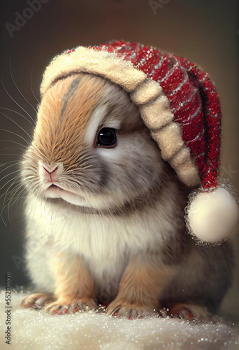 Adorable Baby Bunny Wearing Santa's Hat. Generative AI 