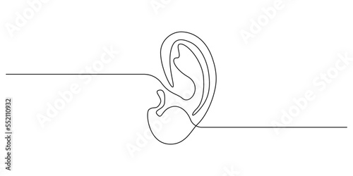 One continuous line drawing of human ear. Icon Symbol of hear health and sensory aid in simple linear style. Mascot concept for world deaf day editable stroke. Doodle vector illustration photo