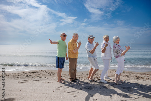 Tablou canvas gruppo di 5 anziani al mare  giocano felici facendo il segno di ok con il dito