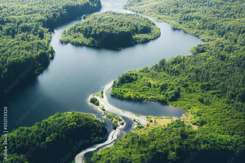 Lush rainforest and rivers in summer, rainforest covered by green trees, beautiful tropical vista landscape, similar to Amazon rainforest, Congo, Southeast Asia, and other regions, generate ai.