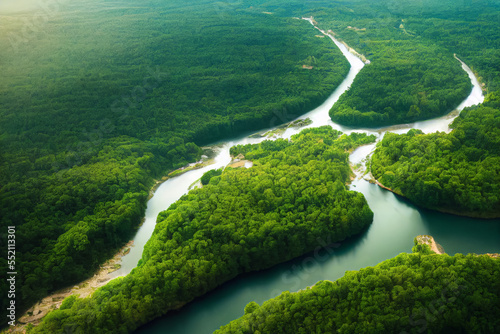Vászonkép Lush rainforest and rivers in summer, rainforest covered by green trees, beautiful tropical vista landscape, similar to Amazon rainforest, Congo, Southeast Asia, and other regions, generate ai