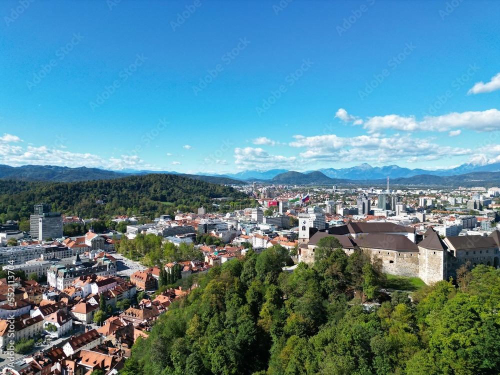  Ljubljana casttle  city in Slovenia drone aerial view .