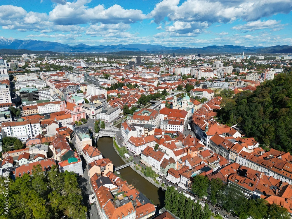 Fototapeta premium Ljubljana city centre Slovenia drone aerial view sunny summers day