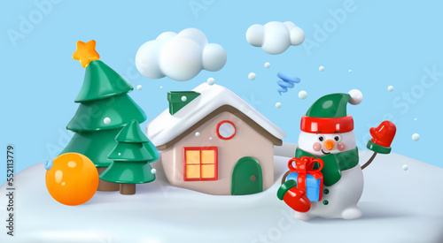A snowman with a gift waves his hand near the house in winter. Vector illustration