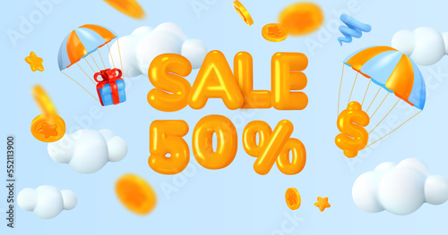 Sale 50% balloons, inflated letters. In the sky with clouds and falling money. Vector illustration