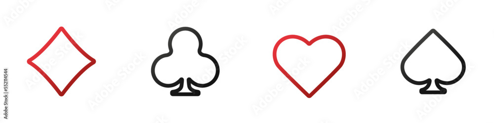 Set collection gambling sign symbol of playing card suits and chips for poker and casino. Hearts, clubs, diamonds and spades on an isolated white background.