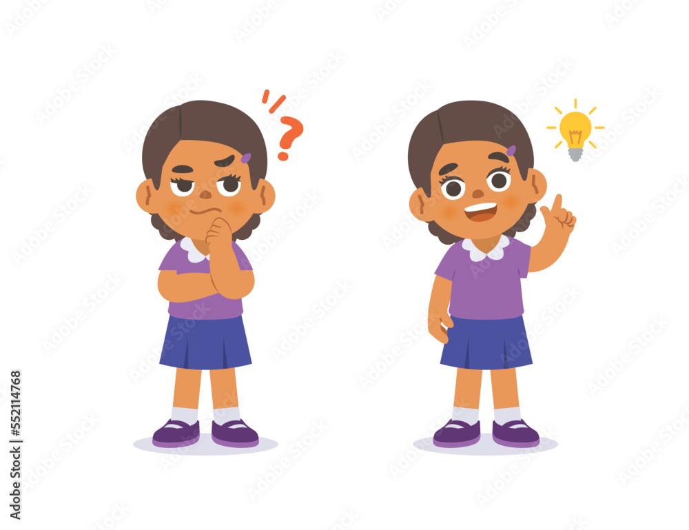 The black girl was confused, wondered, had a problem, and tried to answer and The girl figured out the answer to the problem. illustration cartoon character vector design on white background.