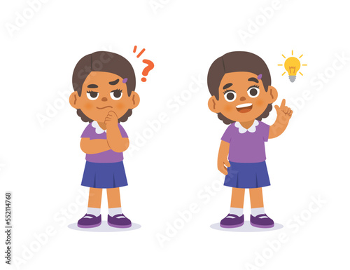 The black girl was confused, wondered, had a problem, and tried to answer and The girl figured out the answer to the problem. illustration cartoon character vector design on white background.