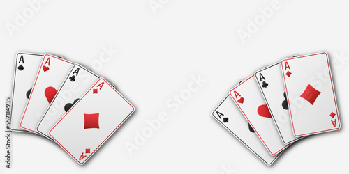 A two fan of playing cards consisting of four Ace of Spades, Diamonds, Clubs, Hearts. Vector illustration poker and casino of all the aces on a white background.