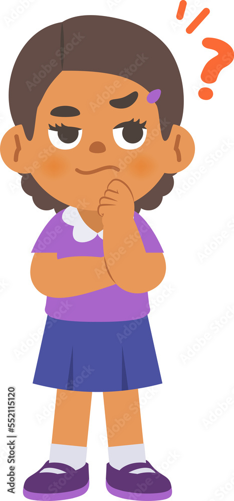 a black girl in doubt or have a question, illustration cartoon character vector design on white background. kid and education concept.