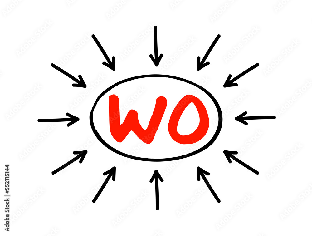 WO Work Order - usually a task for a customer, that can be scheduled or assigned to someone, acronym text concept with arrows WO Work Order - usually a task for a customer, that can be scheduled or assigned to someone, acronym text concept with arrows