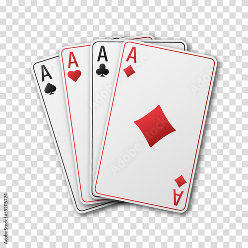 A fan of playing cards consisting of four black and red Ace of Spades, Diamonds, Clubs, Hearts. Vector illustration poker and casino of all the aces on a transparent background.