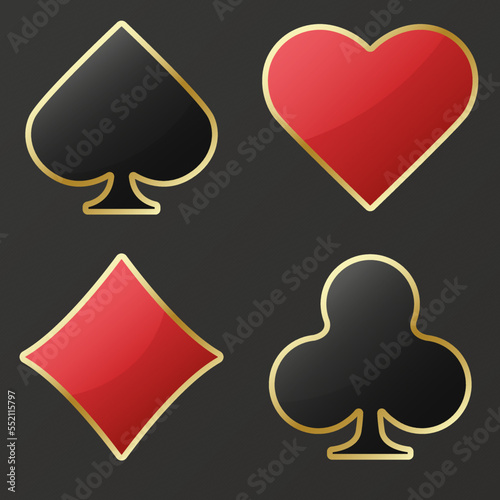 Set collection gambling sign symbol of playing card suits and chips for poker and casino. Hearts, clubs, diamonds and spades on an isolated background.